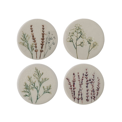 Glazed stoneware botanical set of 4 coasters off white