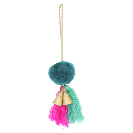 Pompom + Bells hanging decoration in Teal, Jade + Fuschia
