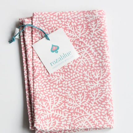 Indian Block Print cotton Kitchen tea towel in Floral Coral