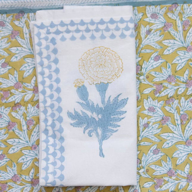 Set of 2 Indian Block Print Cotton Napkins in blue print with yellow flower motif