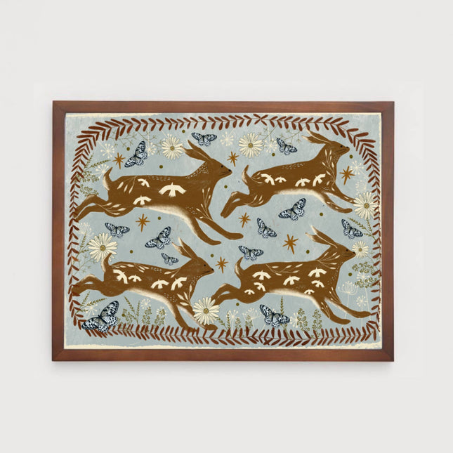 Running Hares in Spring print on pale blue background