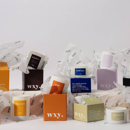 Amber, musk + white woods fragranced candle