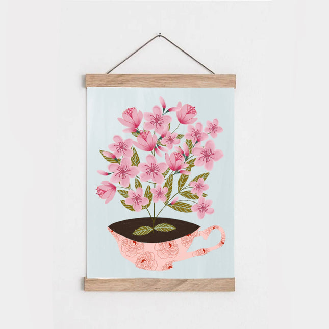 Pink flowers in a teacup print