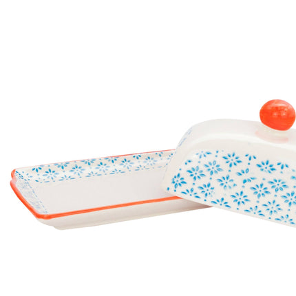 Hand Printed Porcelain Butter Dish with Lid in Aqua + Orange