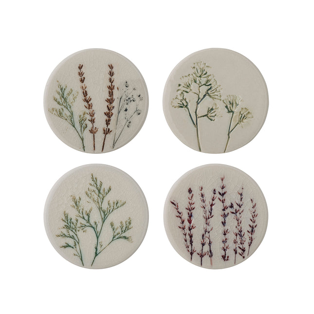 Glazed stoneware botanical set of 4 coasters off white