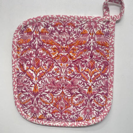 Indian Block Print pot holders pink floral set of 2