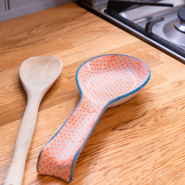 Hand Painted Porcelain Spoon and Utensil Rest in Orange