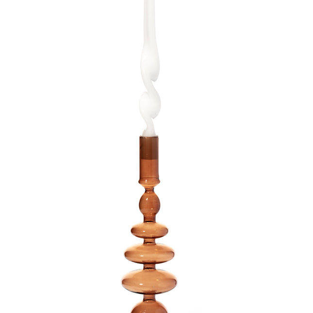 Coloured glass candle stick holder in caramel