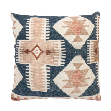 Ikat cotton woven square cushion navy pink off white