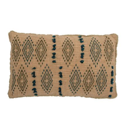 Embroidered Tufted woven cushion in fern and natural