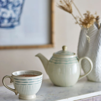 Ceramic decorative hand drawn stripes mug in off white and pale sage