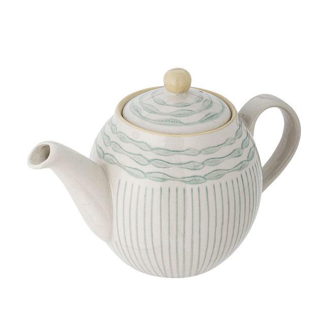 Ceramic decorative  hand drawn stripes teapot in off white and pale sage