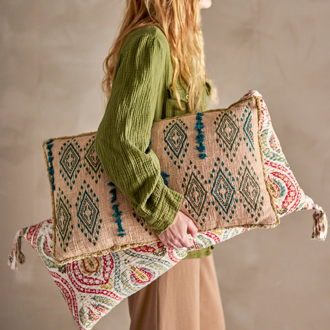 Embroidered Tufted woven cushion in fern and natural