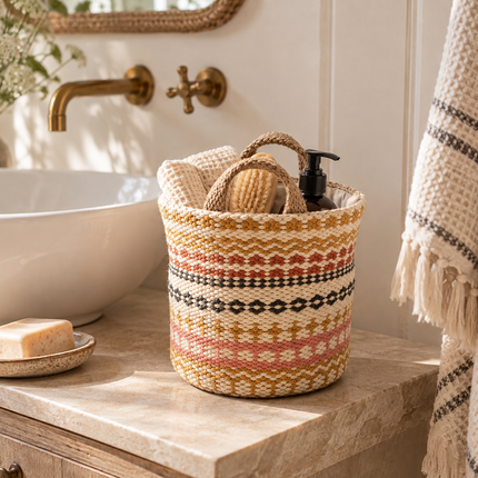 Small Fiona Walker woven jute basket styled for bathroom storage
