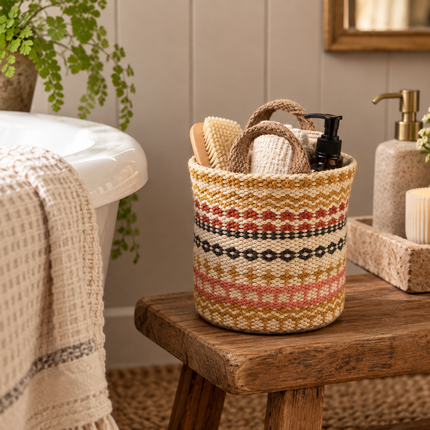 Multicolour woven jute small storage basket styled for bathroom storage