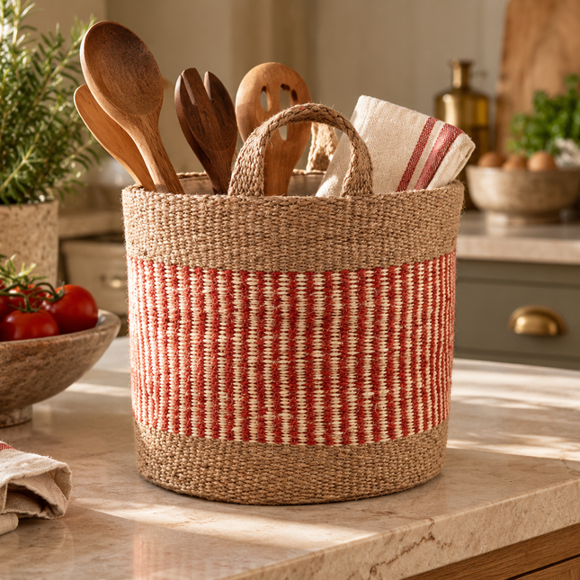 Fiona Walker small rust stripe woven jute storage basket styled on the kitchen worktop