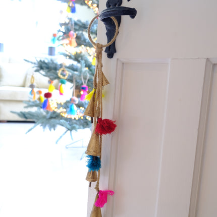 5 bell Christmas Hanger rope decoration with colourpop tassels + bells