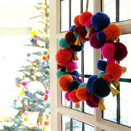 Pom Pom Colourpop Hanging Wreath with Gold Bells