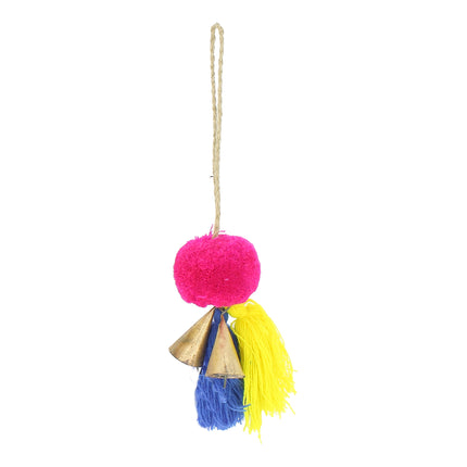 Pom pom + bells hanging decoration in yellow,  blue + fuschia