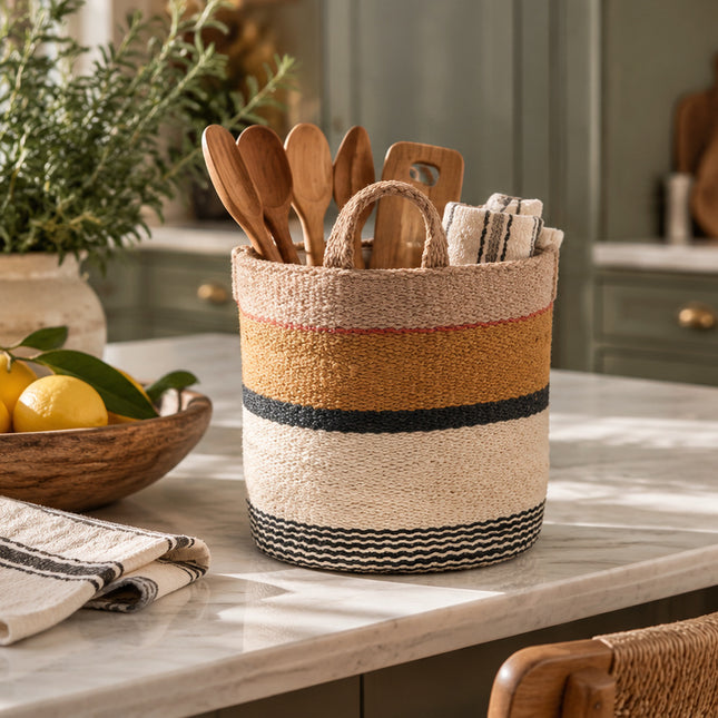 Small Fiona Walker mustard jute basket styled for kitchen storage