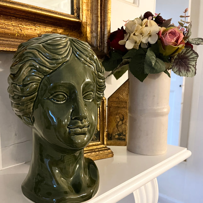 Female Head Statue in Ceramic Glazed Olive