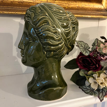 Female Head Statue in Ceramic Glazed Olive