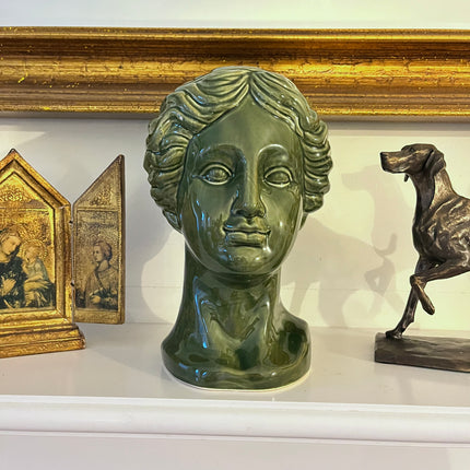 Female Head Statue in Ceramic Glazed Olive