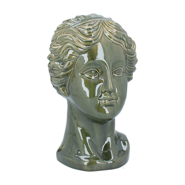 Female Head Statue in Ceramic Glazed Olive
