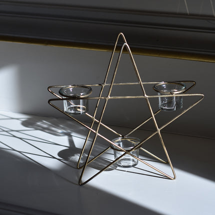 Triple Star tea light candle holder in antique gold
