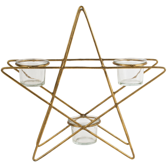 Triple Star tea light candle holder in antique gold