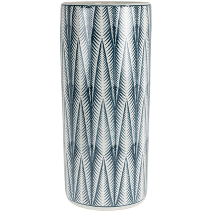 Ceramic tall cylindrical umbrella stand in zig zag blue and white pattern