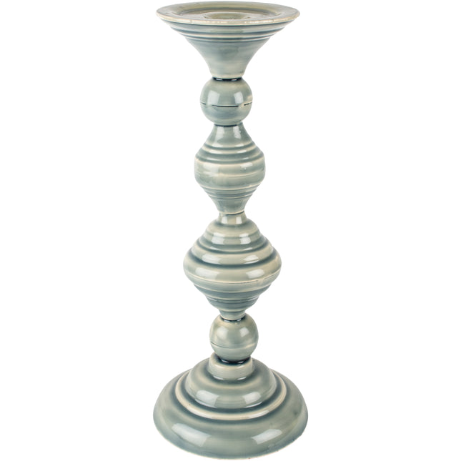Tall glazed ceramic candlestick holder in pale sage