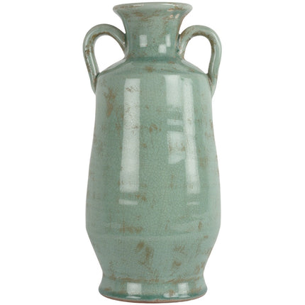 Tall Ceramic Vase with Handles in Rustic Sea Green