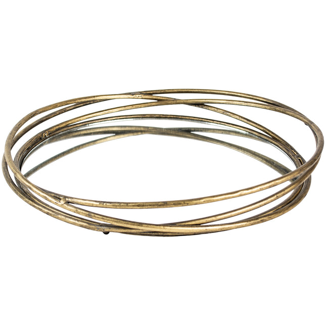 Mirrored glass round antique gold serving tray