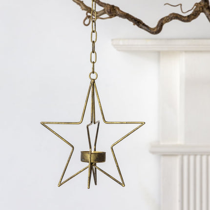 Hanging Single star gold metal tea light holder