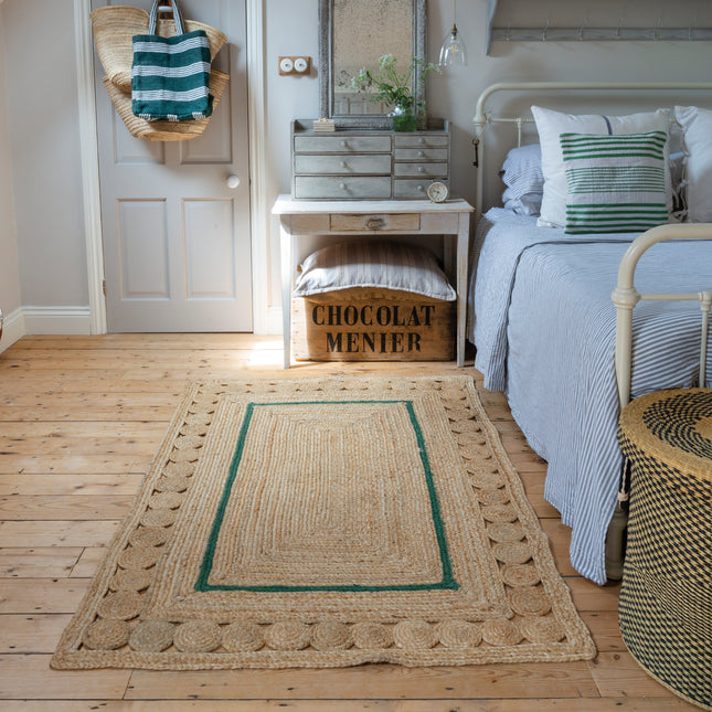 Rectangular Jute Rug with circle designs and Emerald Green borders