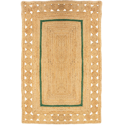 Rectangular Jute Rug with circle designs and Emerald Green borders