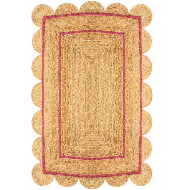 Jute scalloped rug with fuschia pink borders