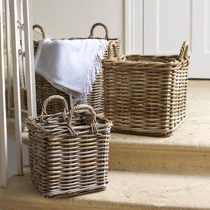 Small woven square log and storage basket natural