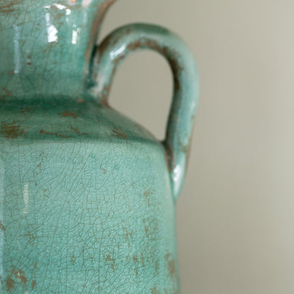 Tall Ceramic Vase with Handles in Rustic Sea Green