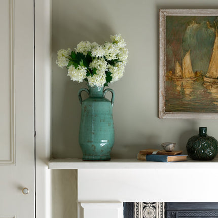 Tall Ceramic Vase with Handles in Rustic Sea Green