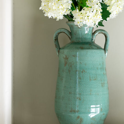 Tall Ceramic Vase with Handles in Rustic Sea Green