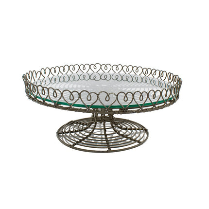 Wire cake stand with glass plate and heart shaped edging