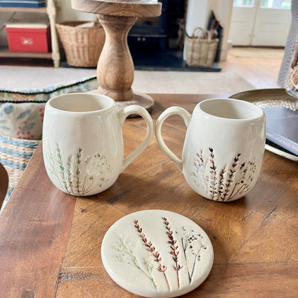 Botanical Engraved Stoneware Mug in cream