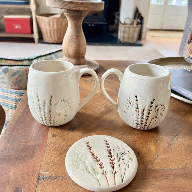 Glazed stoneware botanical set of 4 coasters off white