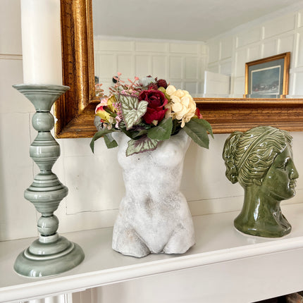 Tall glazed ceramic candlestick holder in pale sage