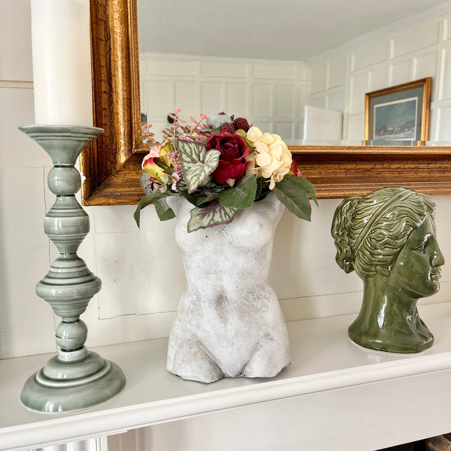 Tall glazed ceramic candlestick holder in pale sage