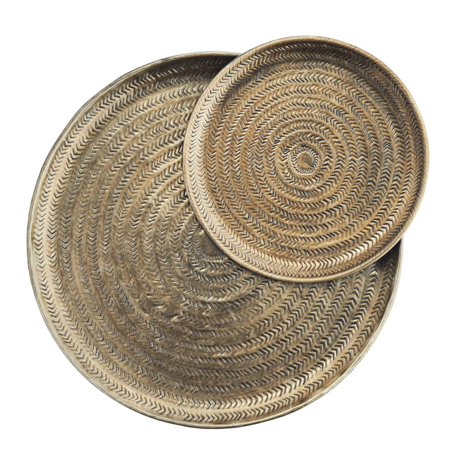 Set of 2 hammered metal round trays in antique brass