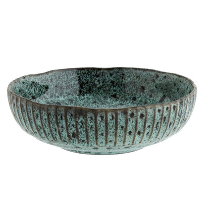 Stoneware ridged large serving bowl in petrol green