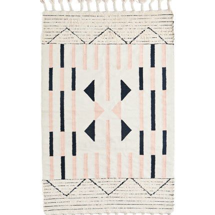 Handwoven frayed cotton rug 120x180 cm in off white, rose, black